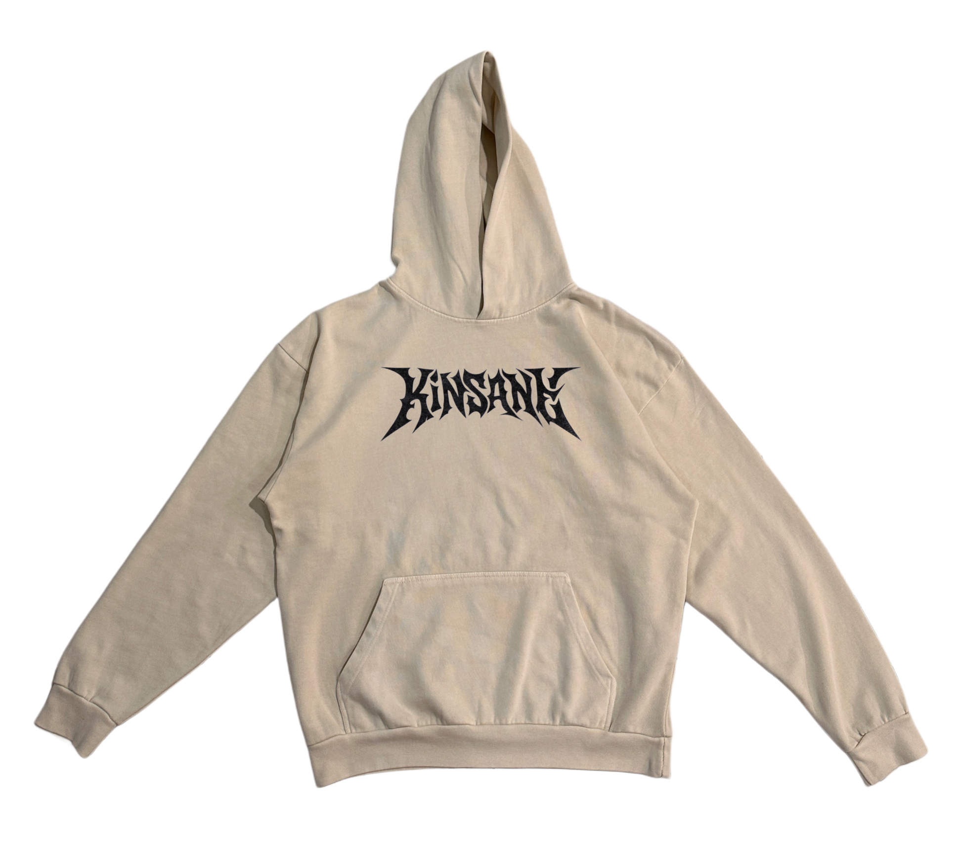 Beige hoodie with black tribal lettering reading “KINSANE” 