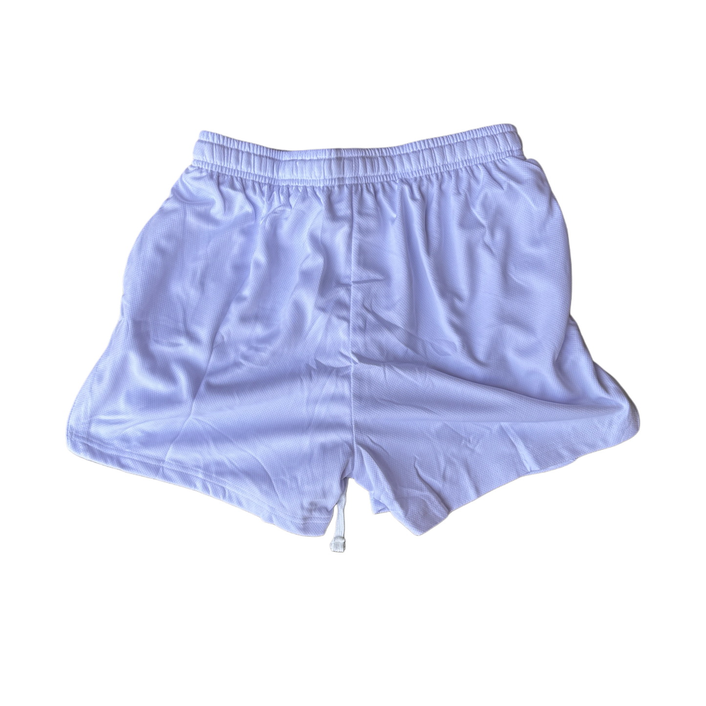 Back view of plain white athletic shorts with white drawstrings 