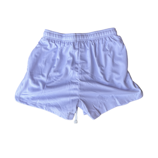 Back view of plain white athletic shorts with white drawstrings 