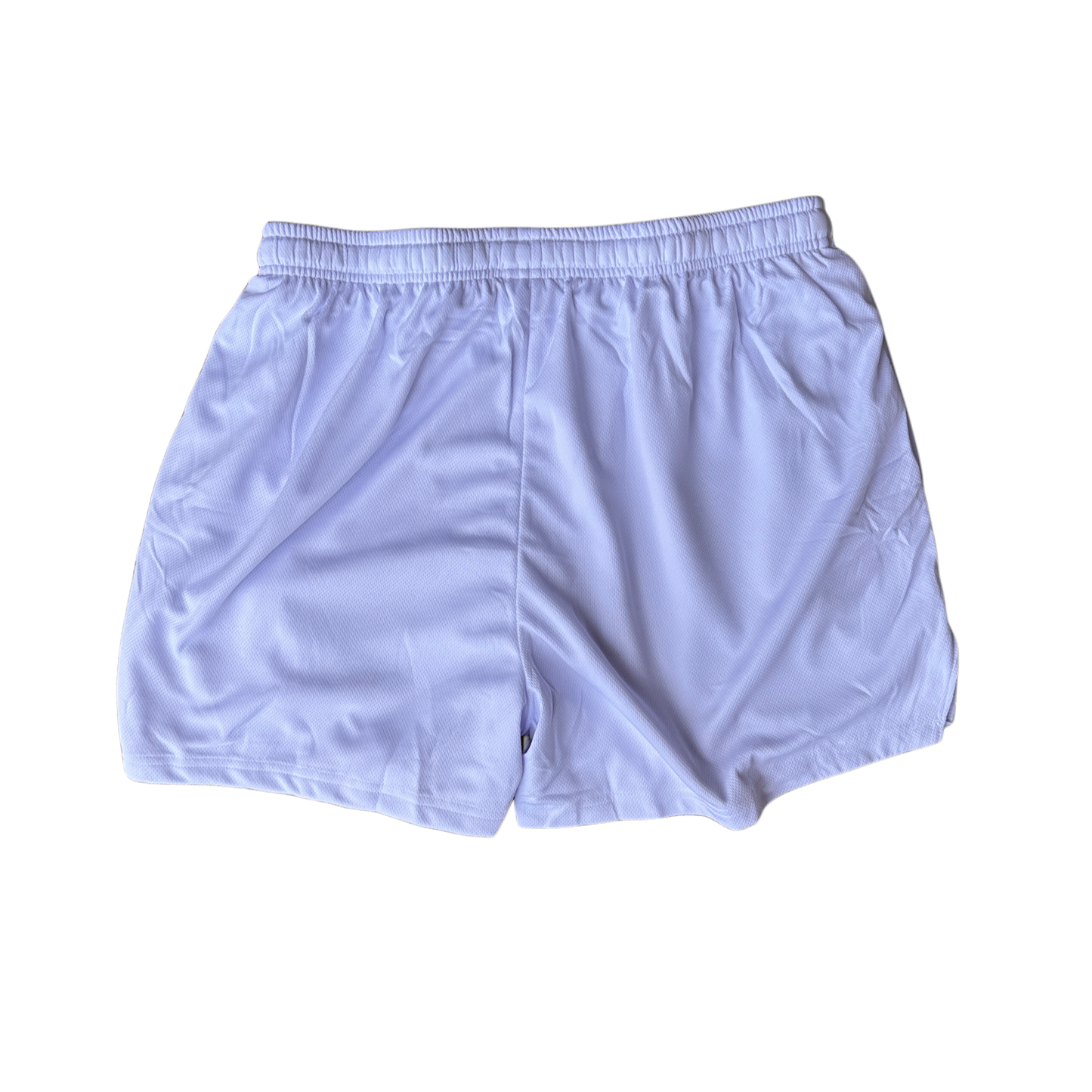 Back view of plain white athletic shorts 