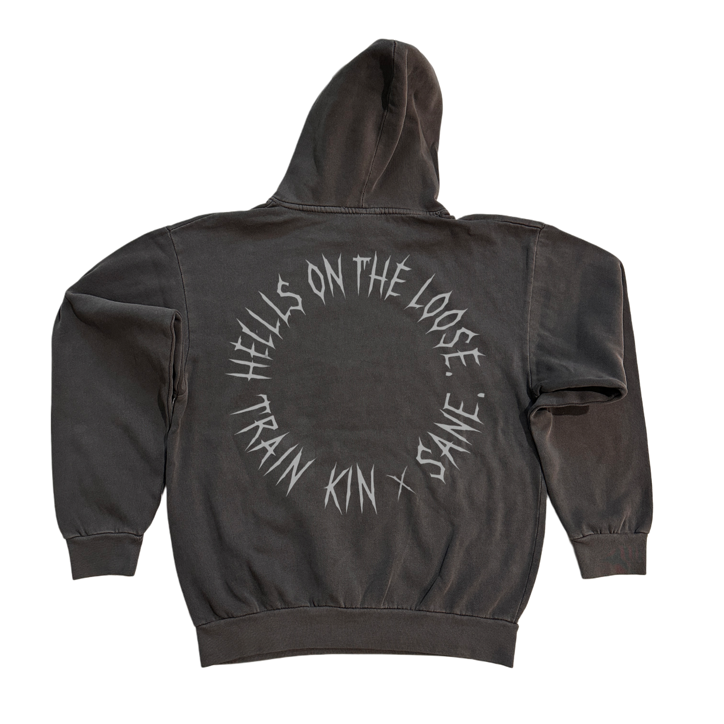 Back view of a dark grey hoodie with silver text in a circle reading “HELLLS ON THE LOOSE. TRAIN KIN X SANE” 