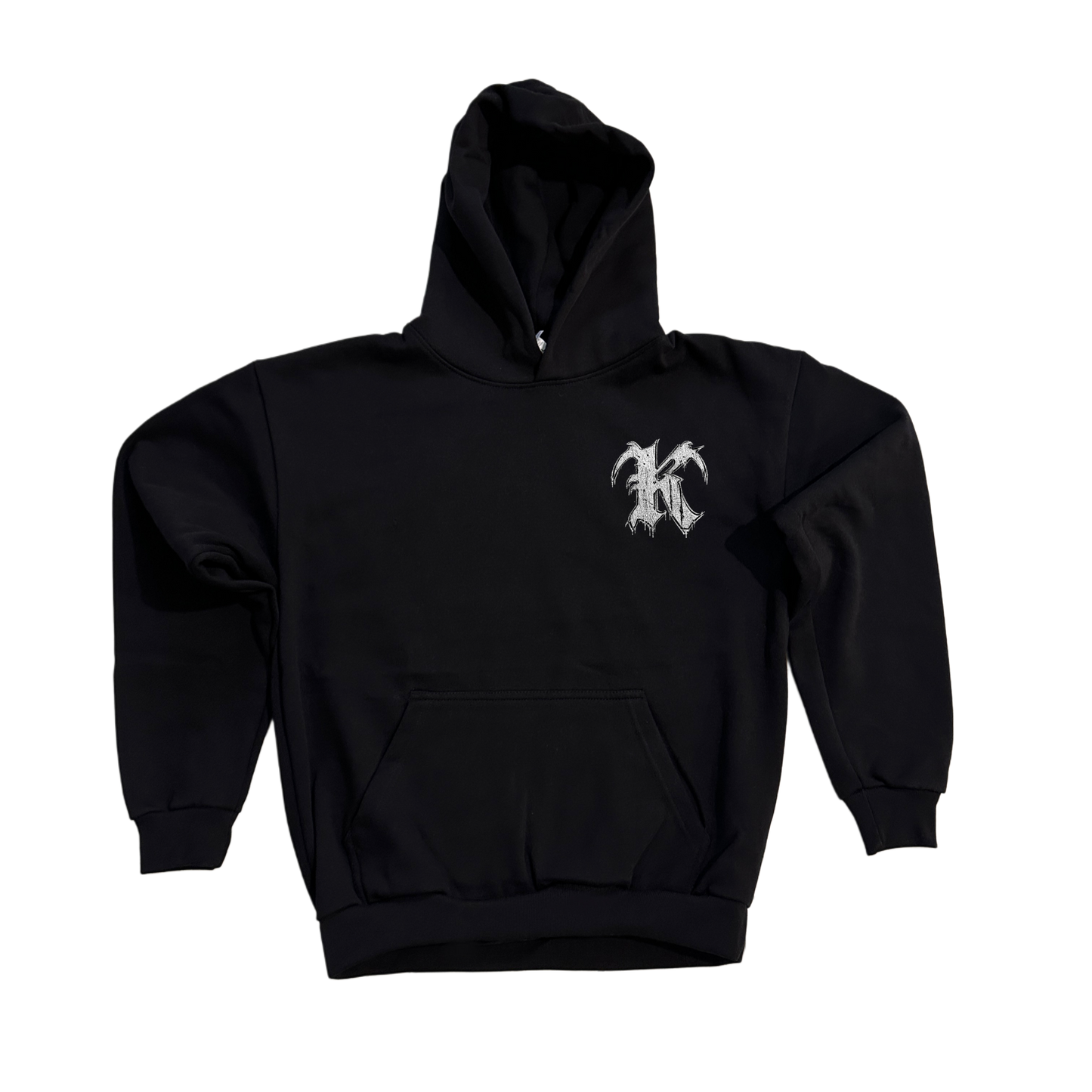 Black hoodie with white “K” logo on the front right pocket 