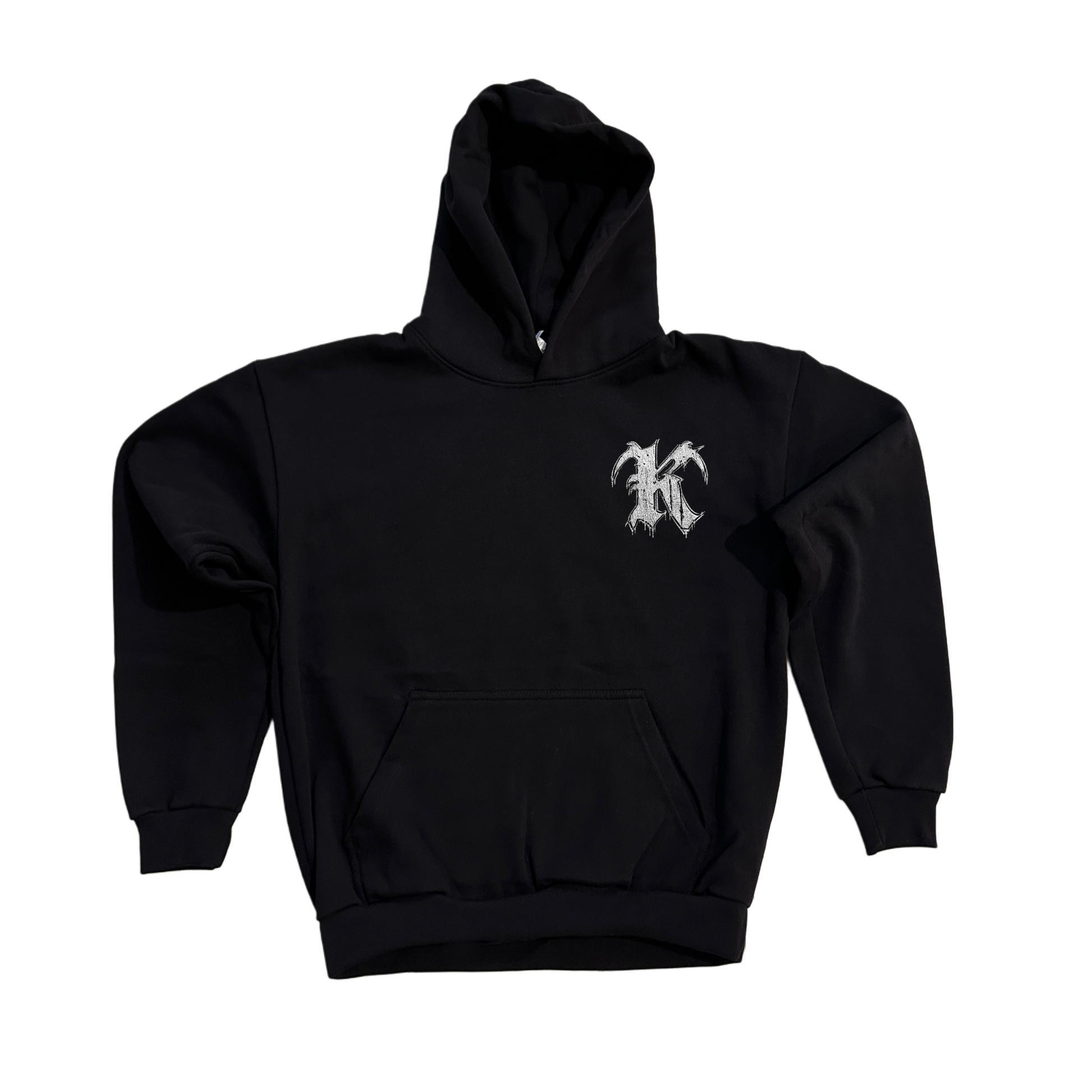 Black hoodie with white “K” logo on the front right pocket 