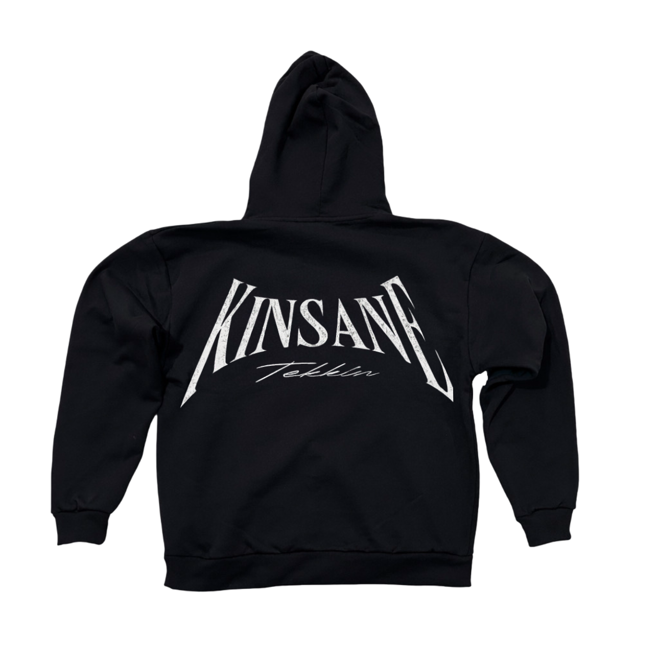 Back view of a black hoodie with white text reading “KINSANE TEKKIN” 