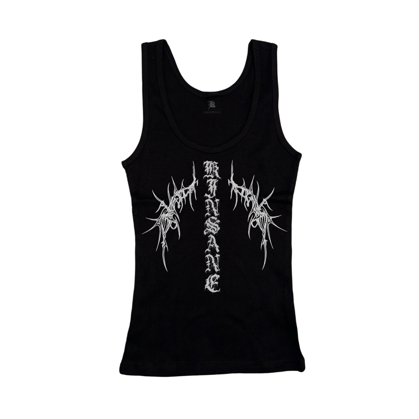 Black tank top with white old English style lettering reading “KINSANE” and white tribal designs 