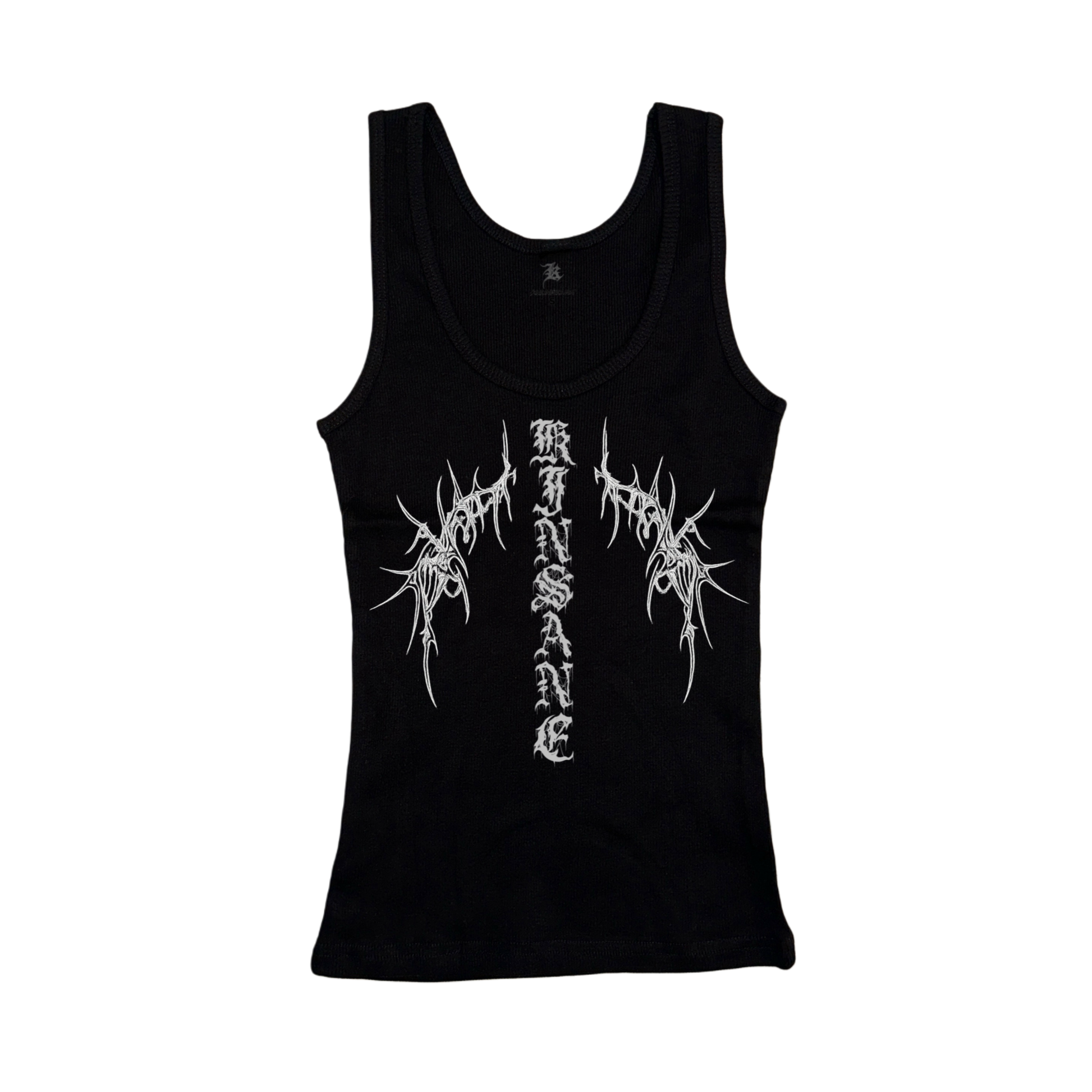 Black tank top with white old English style lettering reading “KINSANE” and white tribal designs 