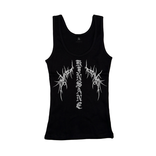 Black tank top with white old English style lettering reading “KINSANE” and white tribal designs 