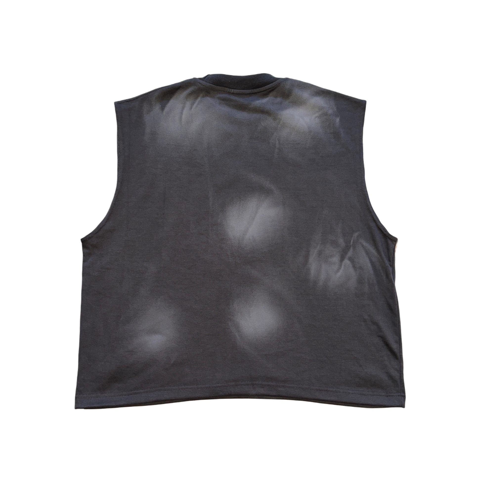 Back view of plain gray acid washed sleeveless shirt 
