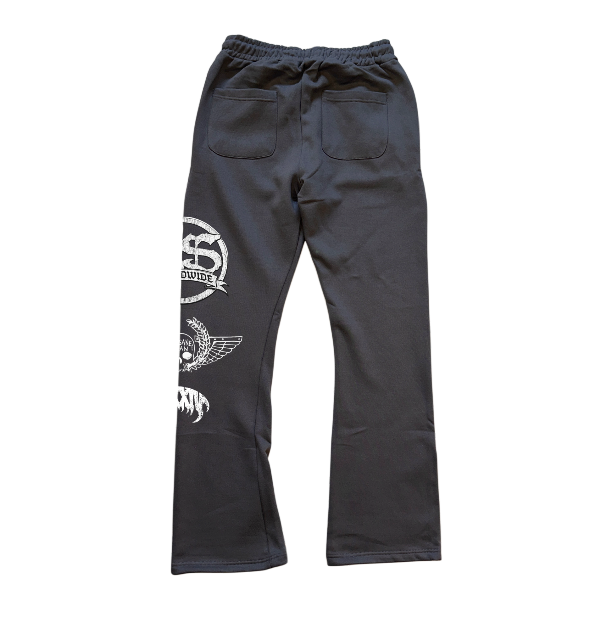 Back view of Gray stacked sweatpants white logos stacked on top of each other on the left leg that say “KS WORLDWIDE, MMXXIV” 