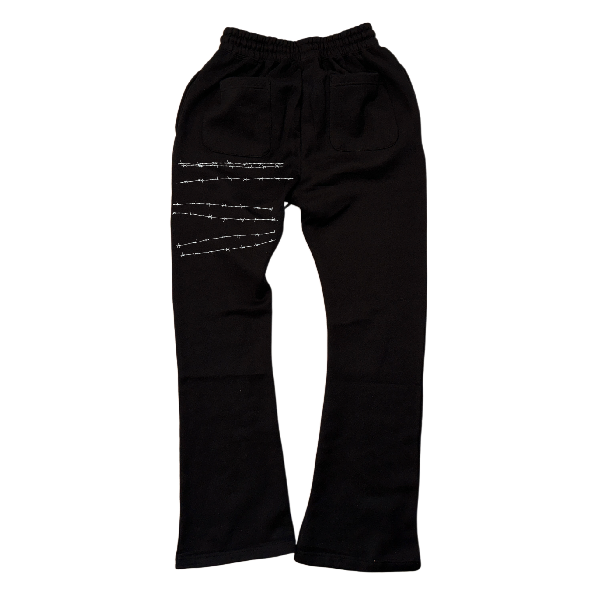 Back view of black stacked sweatpants with white barbed wire on the left side 