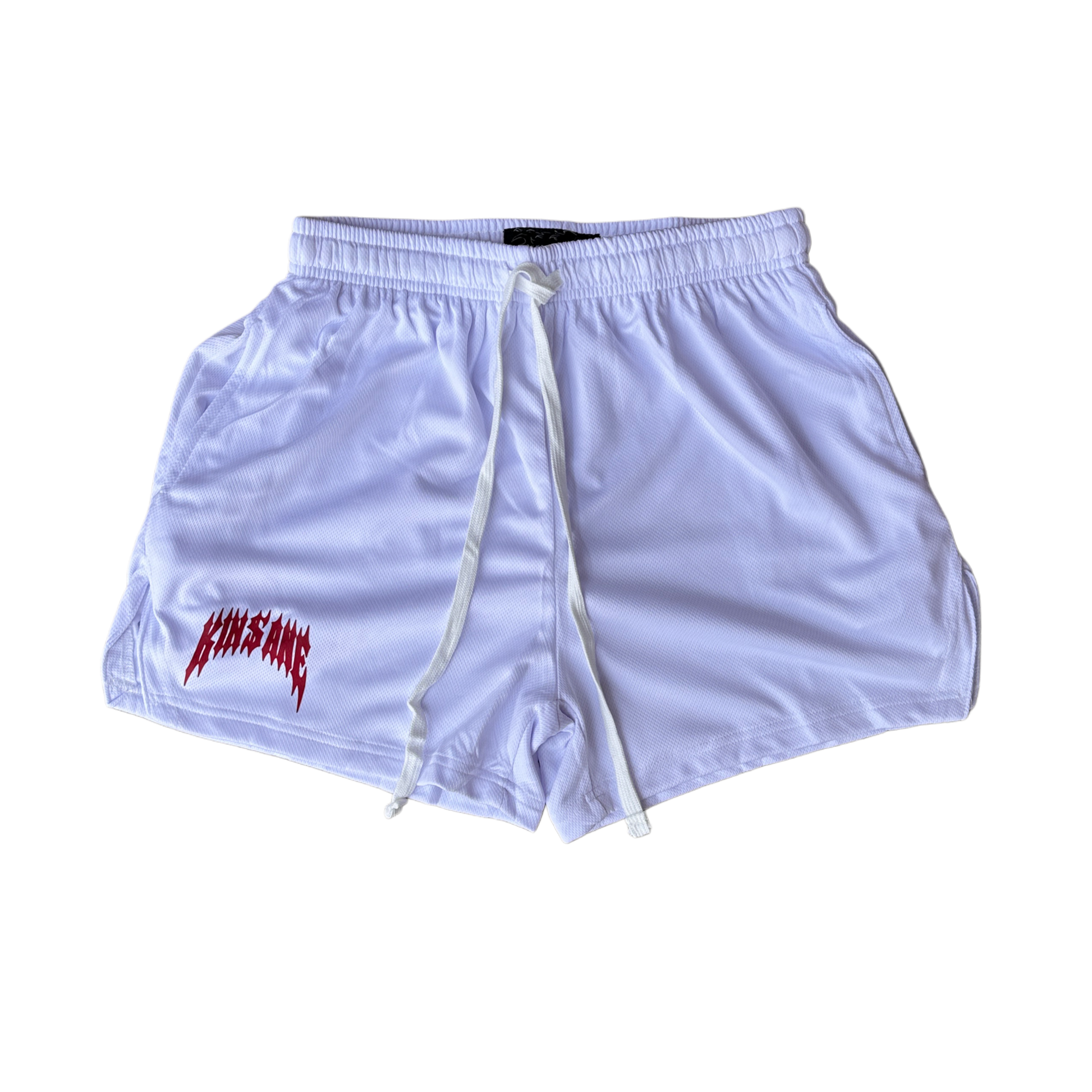White athletic shorts with white drawstrings and red lettering on the right leg reading “KINSANE” 