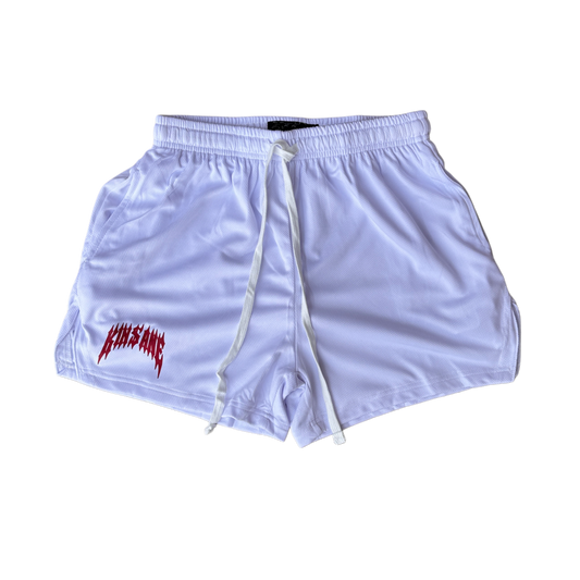 White athletic shorts with white drawstrings and red lettering on the right leg reading “KINSANE” 