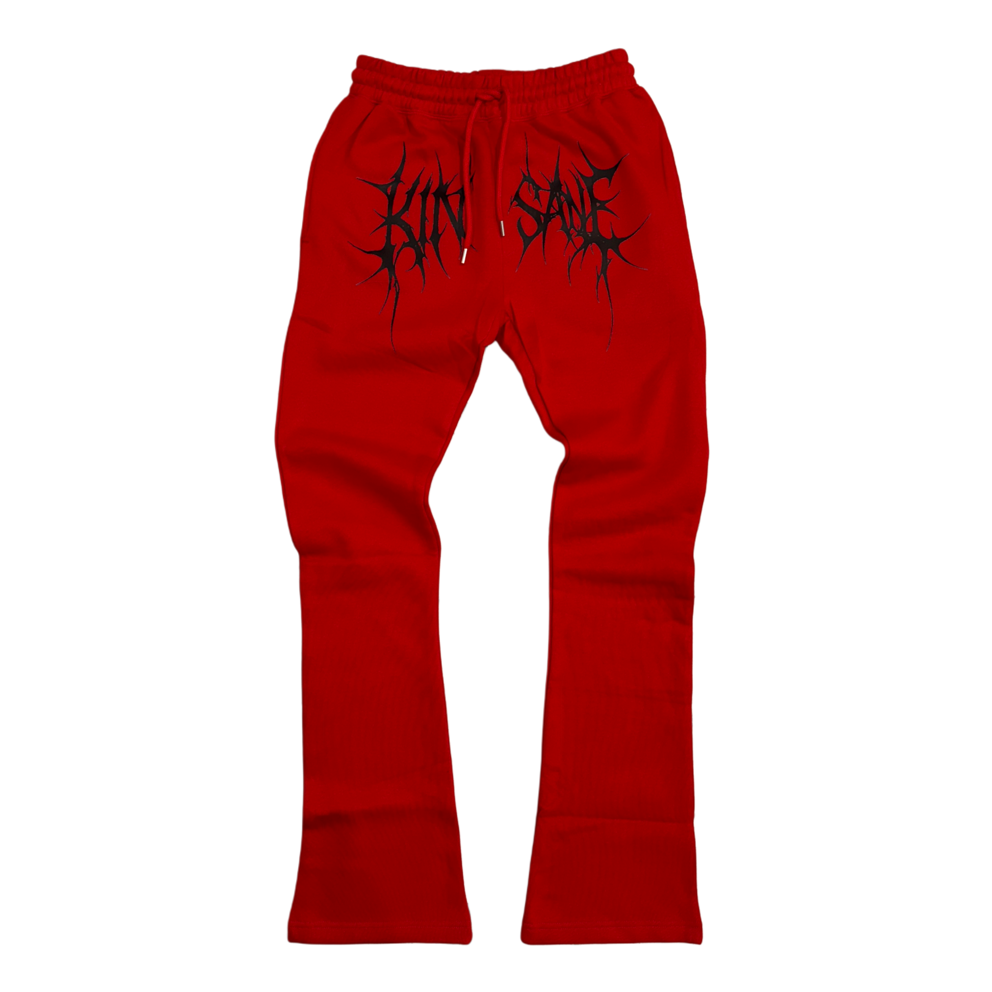 Red stacked sweatpants with black tribal lettering across the middle reading “KINSANE” 