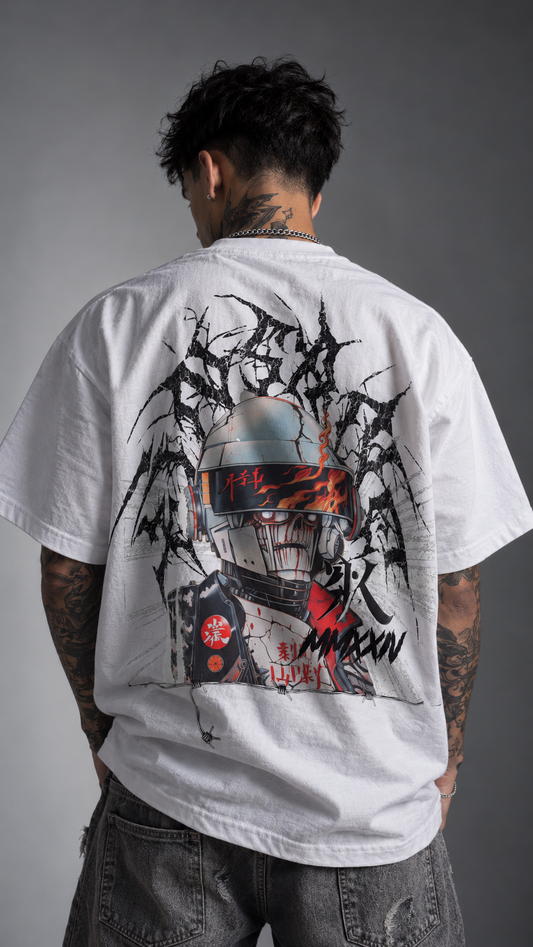 Back view of a man wearing a white t shirt with a multi color design of a person with helmet gear on with cracks and flames on it and black lettering behind it reading “KINSANE” and other black lettering reading “MMXXIV” and a black K logo with barbed wire at the bottom 