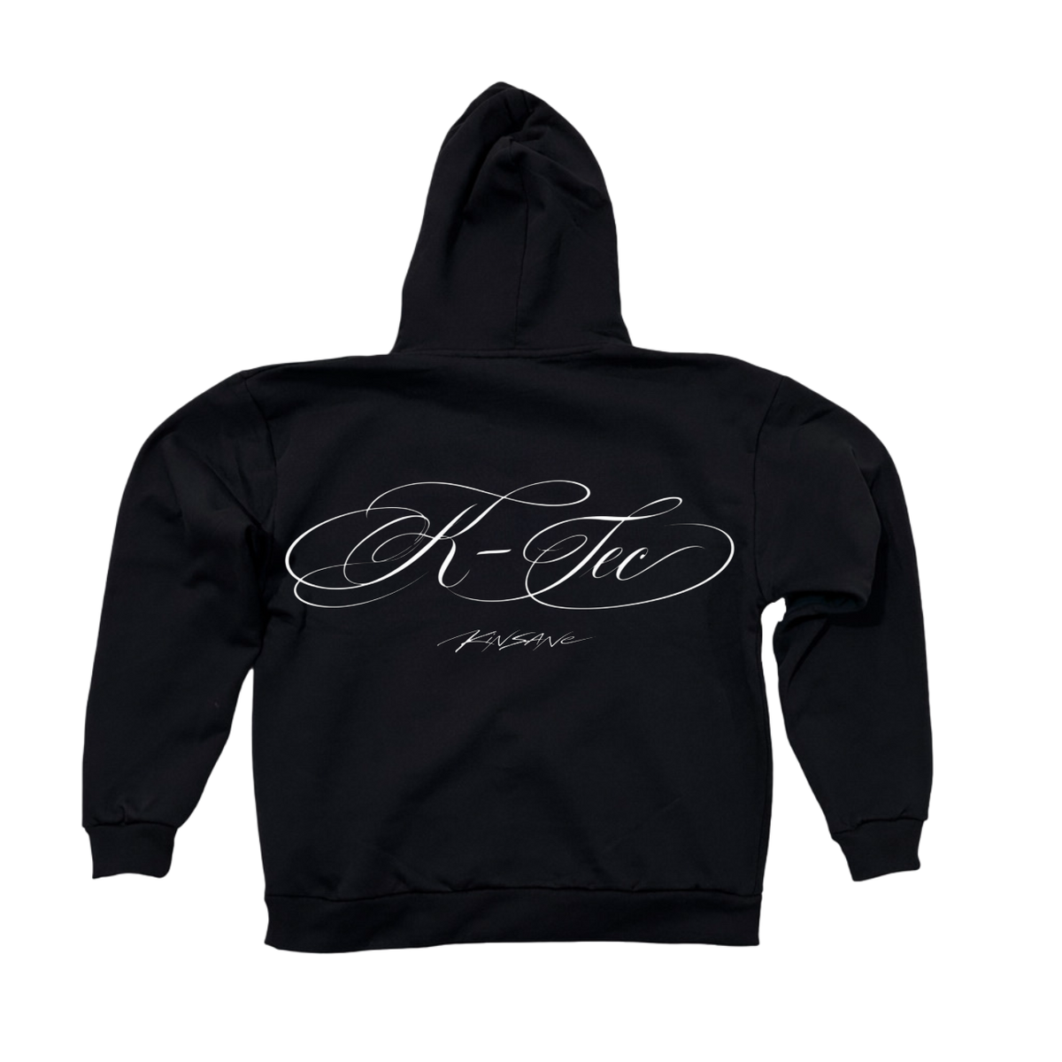 Back view of a black hoodie with white cursive text reading “K-Tec” and “Kinsane” 