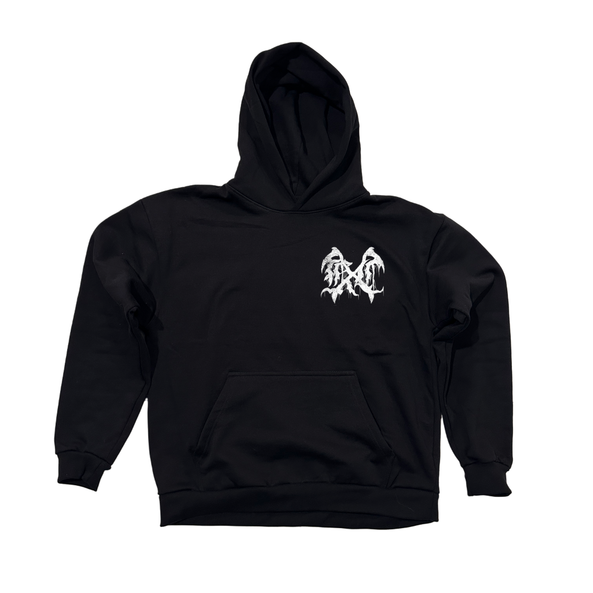 Black hoodie with a white logo on the front 