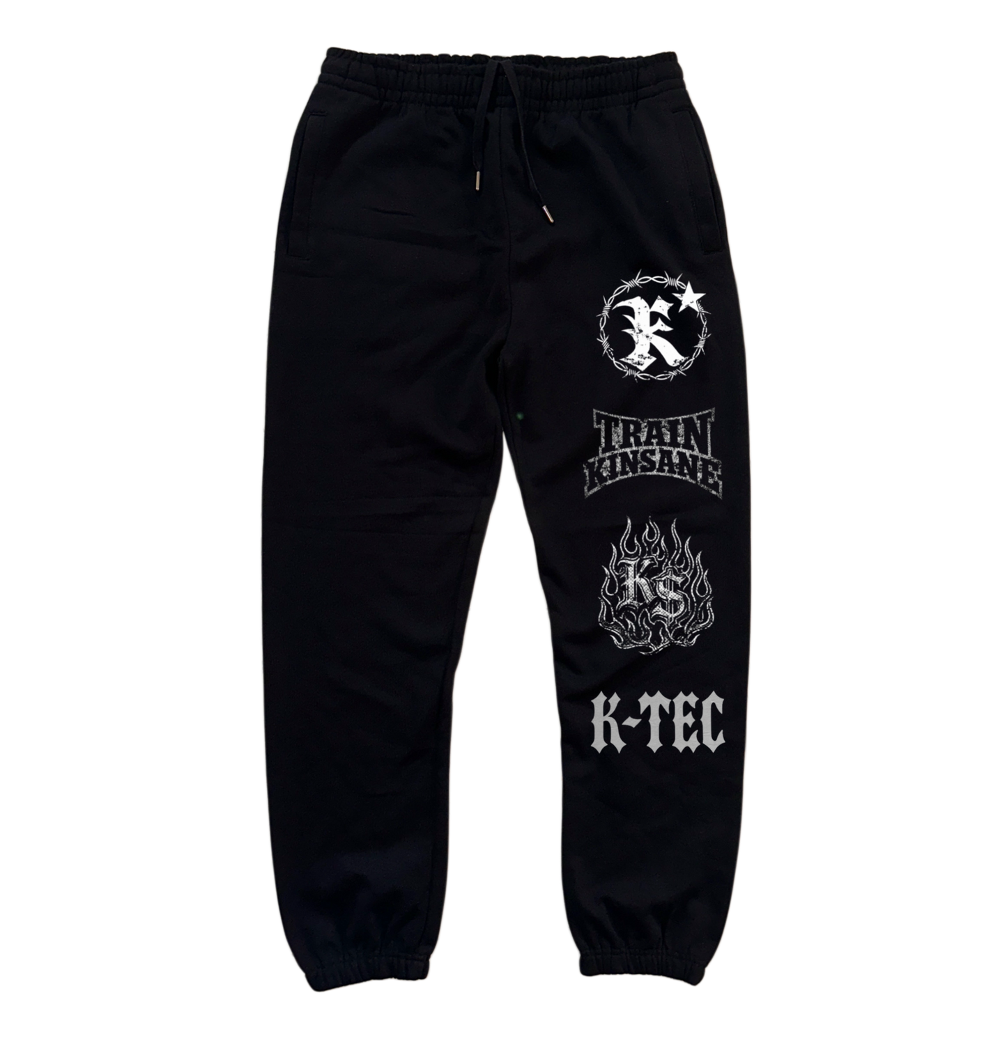 Black sweatpants with 4 white logos stacked on the right side 
