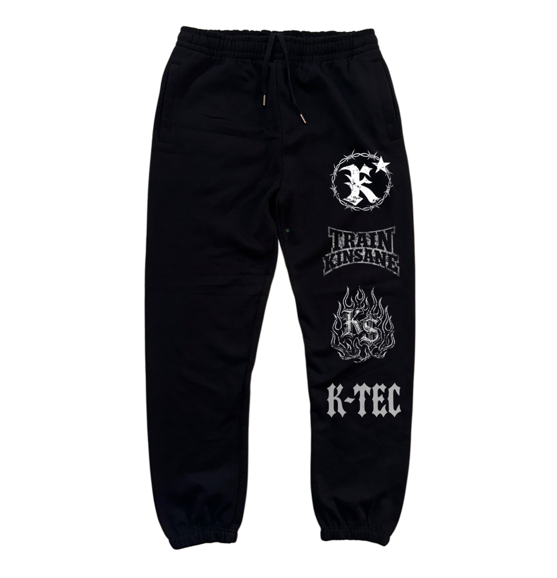 Black sweatpants with 4 white logos stacked on the right side 