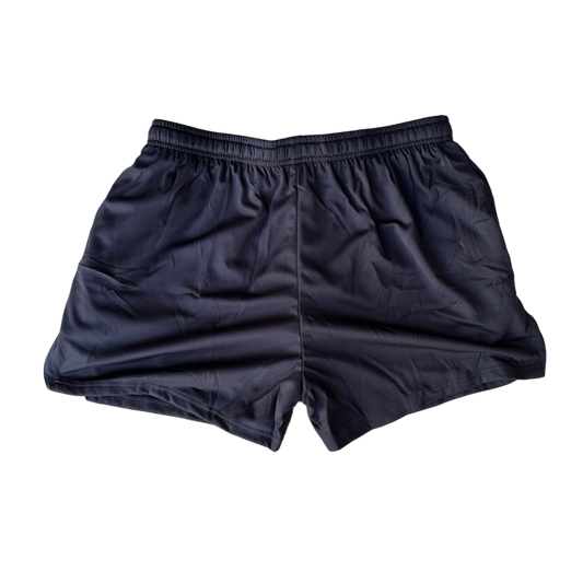 Back view of plain black athletic shorts 