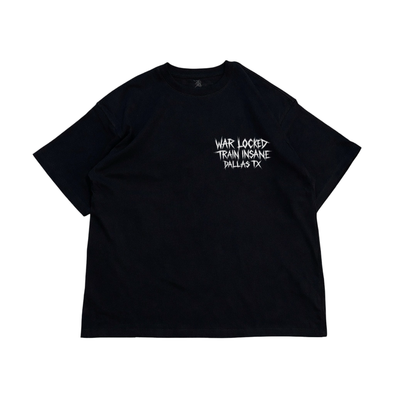 Black t shirt with white text reading “WAR LOCKED TRAIN INSANE DALLAS TX” on the right side pocket area 