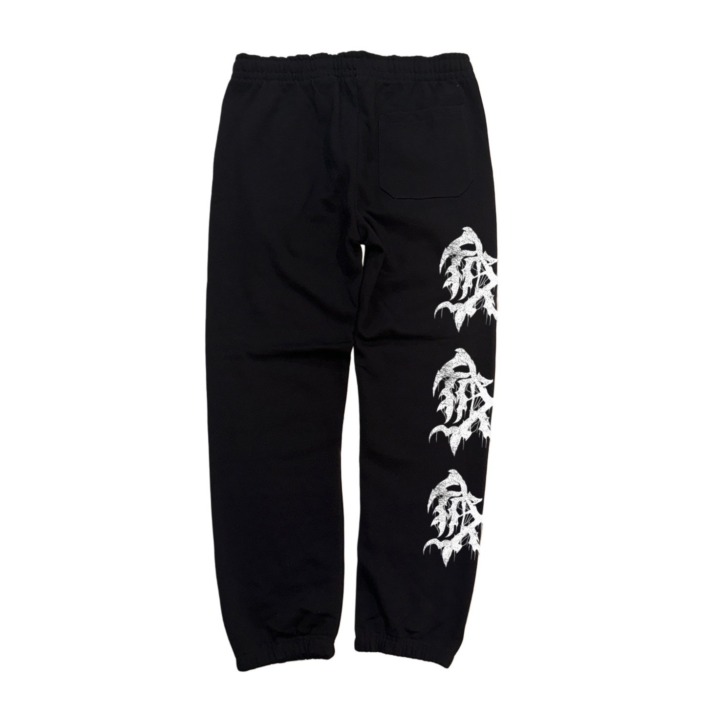 Back view of black cuffed joggers with 3 white logos stacked on the right side 