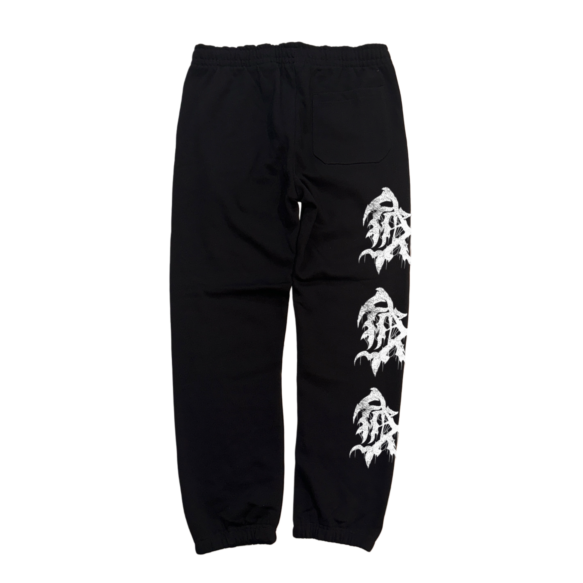 Back view of black cuffed joggers with 3 white logos stacked on the right side 