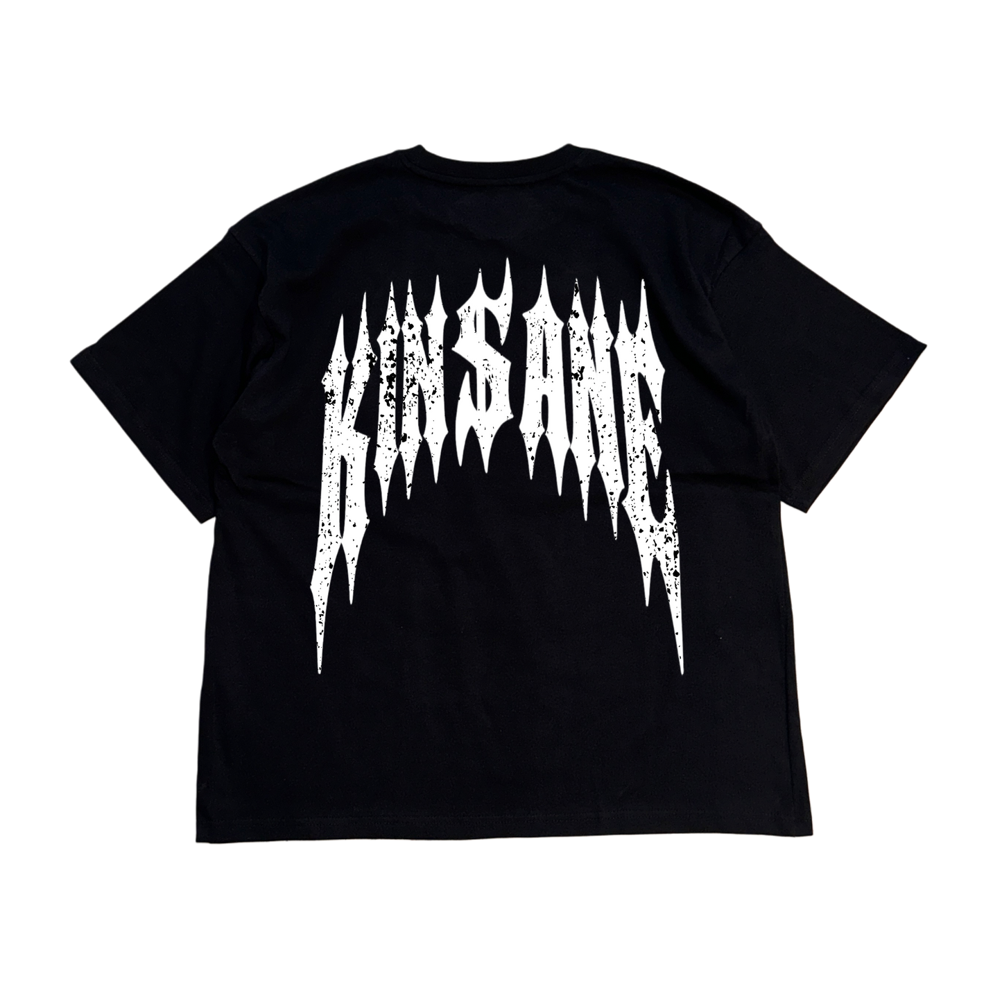 Back view of a black t-shirt with white distressed text reading “KINSANE” 