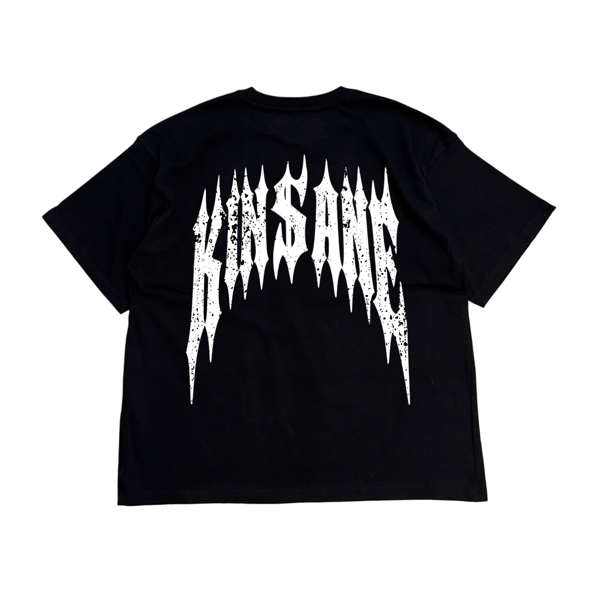 Back view of a black t-shirt with white distressed text reading “KINSANE” 