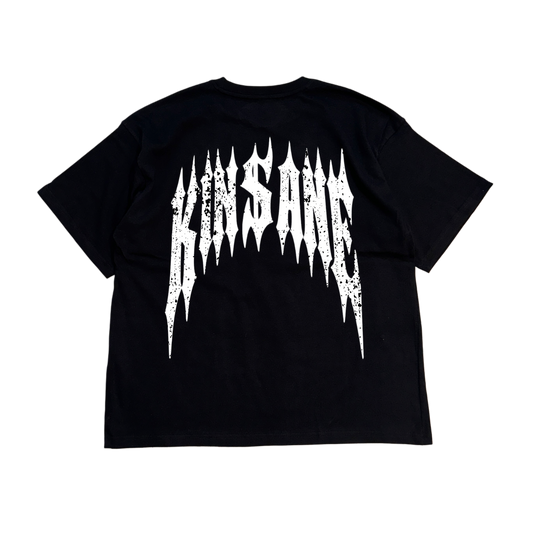 Back view of a black t-shirt with white distressed text reading “KINSANE” 
