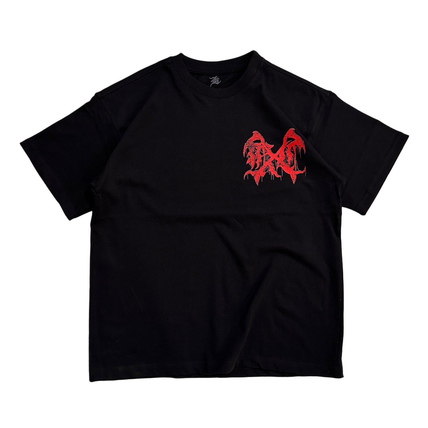 Black T-shirt with red logo on the front 