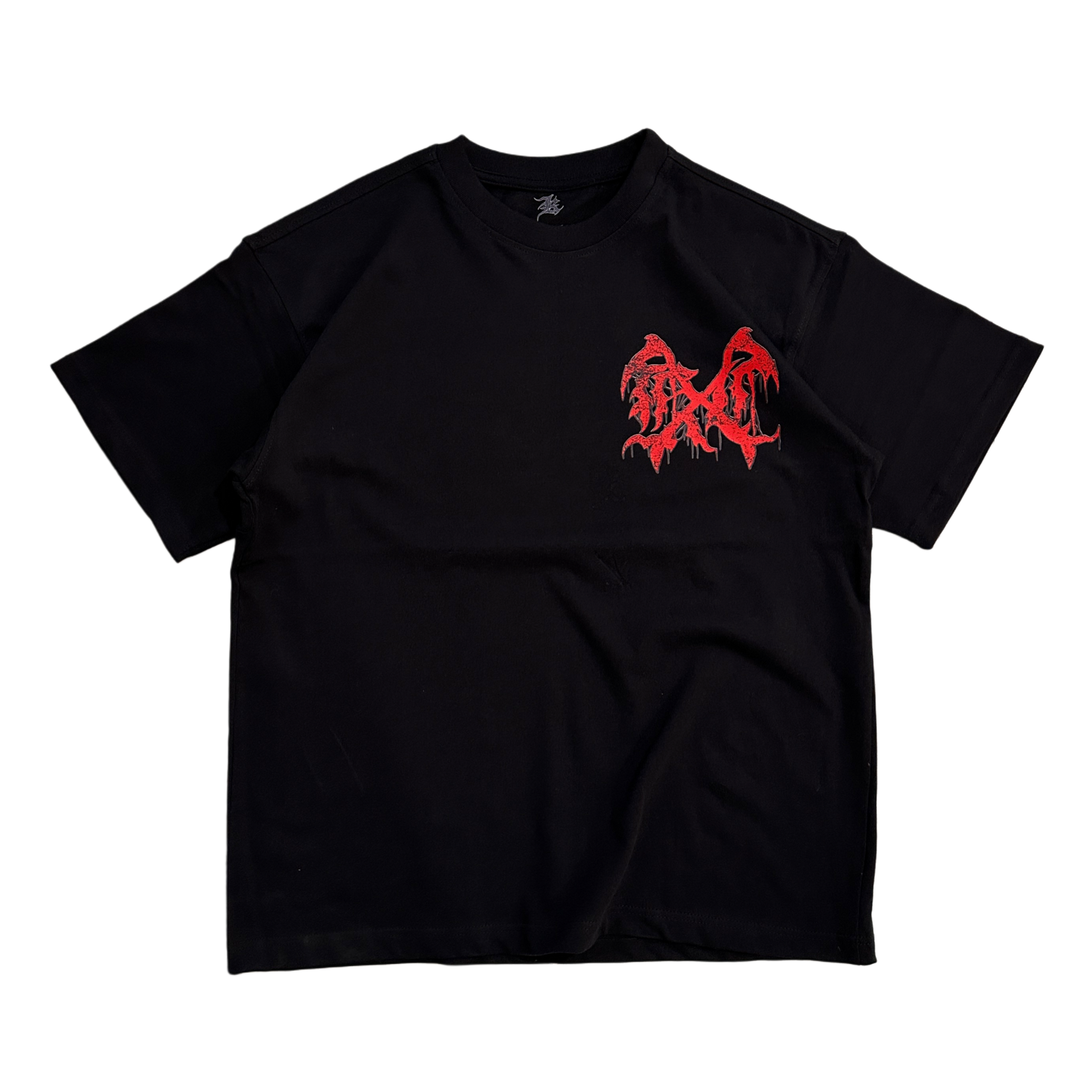 Black T-shirt with red logo on the front 