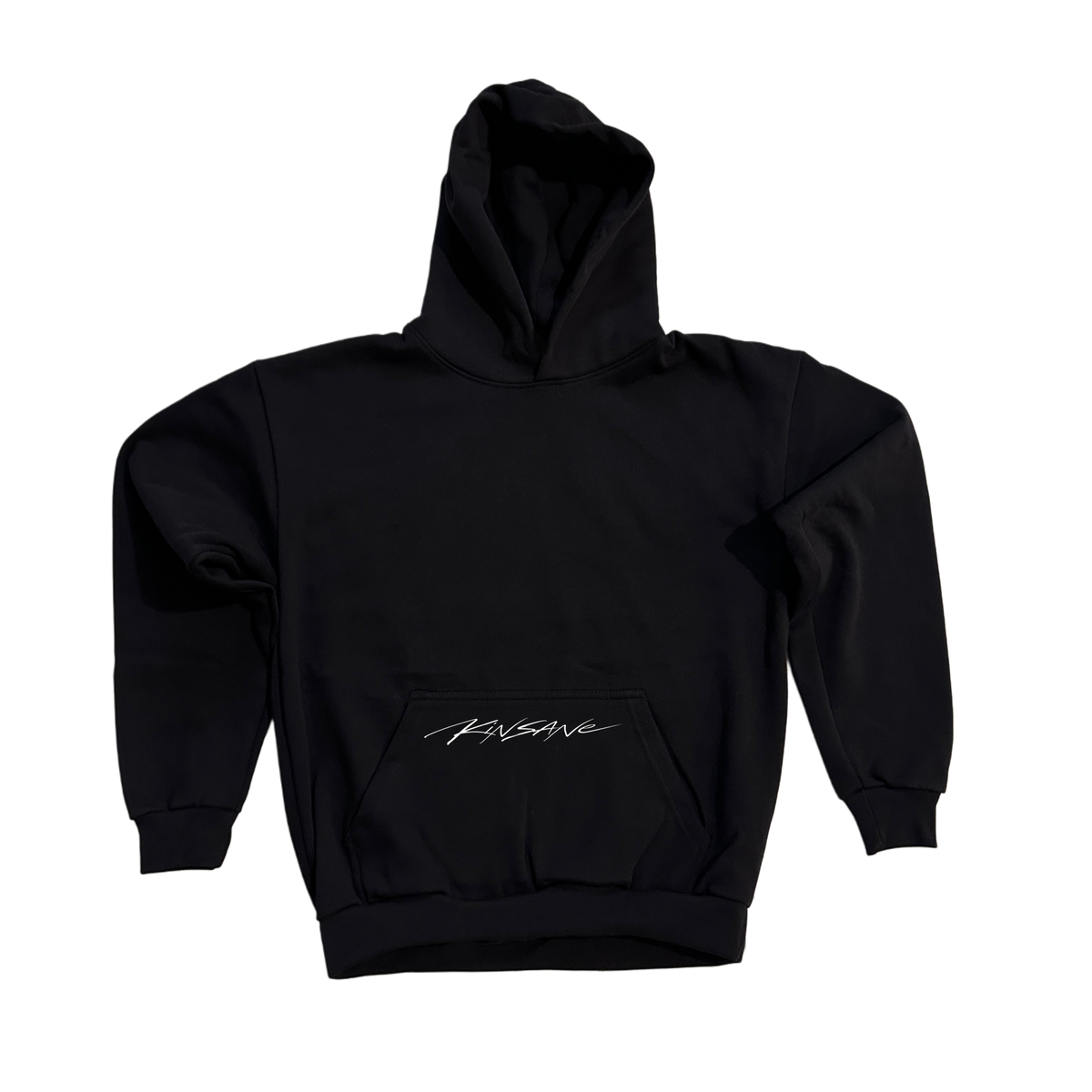 Black hoodie with white cursive text on the pocket reading “KINSANE” 