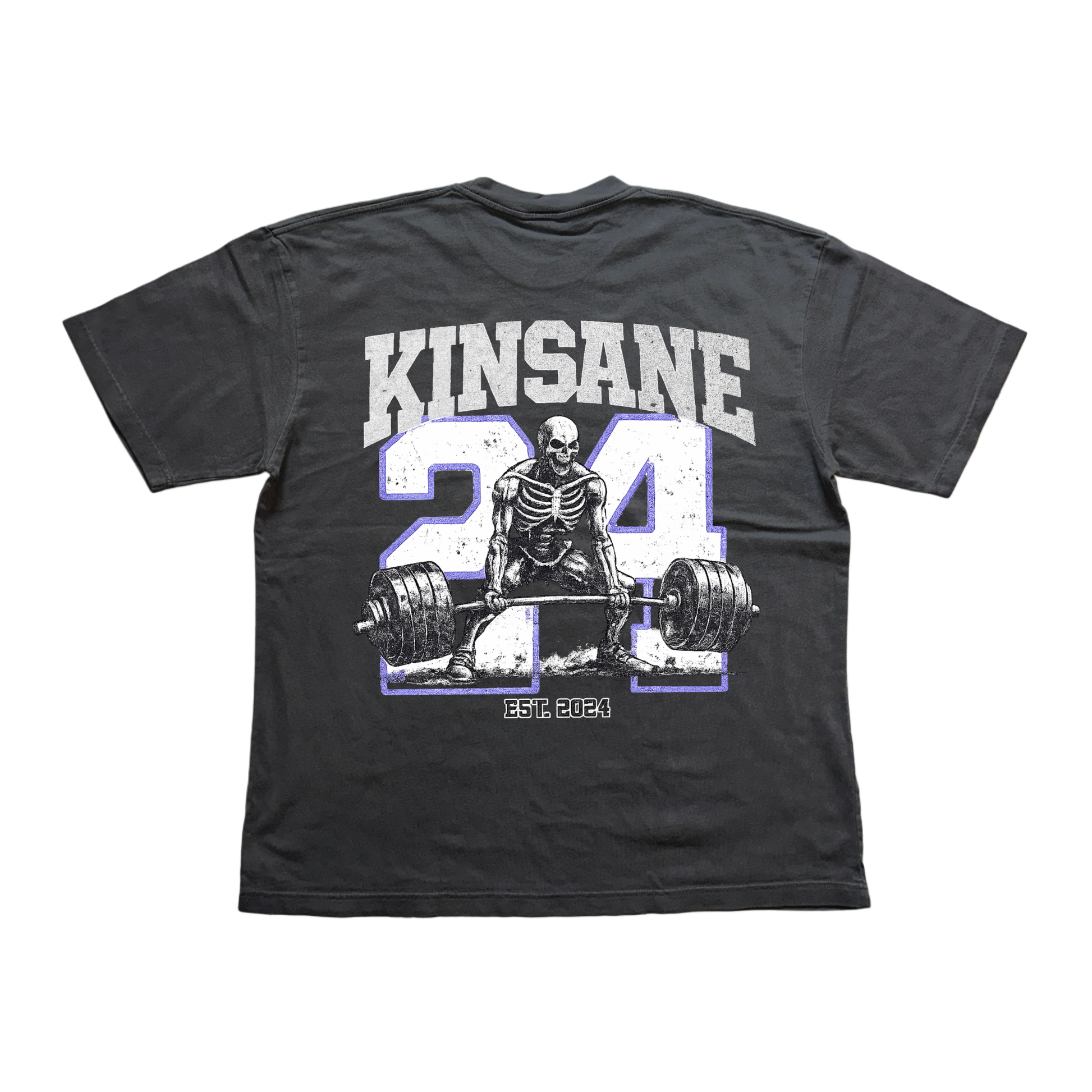 Back view of gray t shirt with white logo of a skeleton lifting weights and blue outlined “24” and white text reading “KINSANE” and “est 2024” 