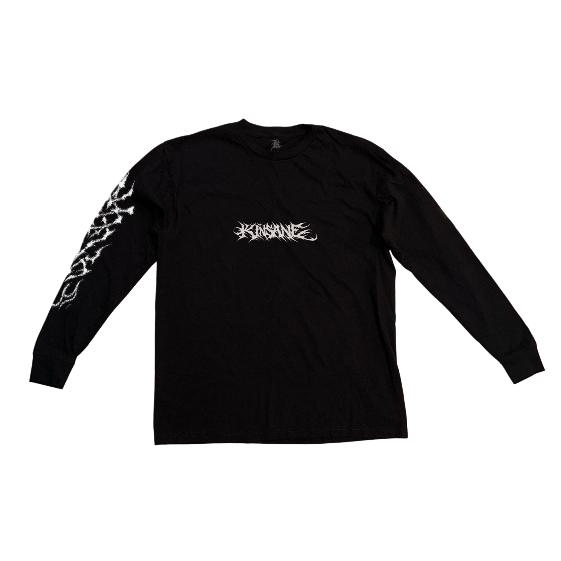 Black long sleeve T-shirt with white tribal lettering reading “KINSANE” in the center and white tribal designs on the right sleeve 