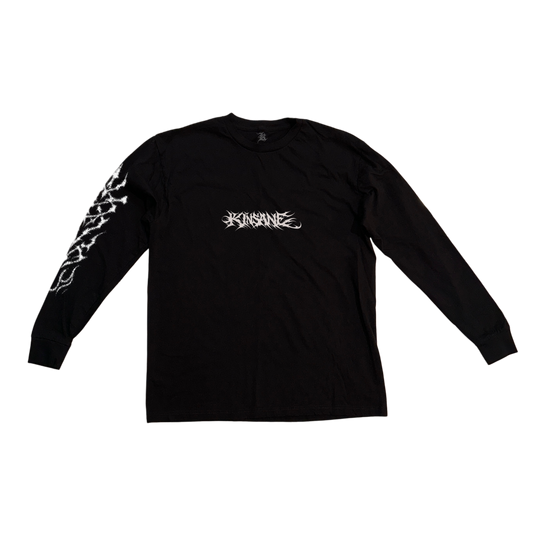 Black long sleeve T-shirt with white tribal lettering reading “KINSANE” in the center and white tribal designs on the right sleeve 