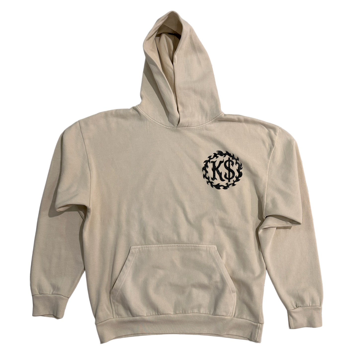 Beige hoodie with a black logo on the front 