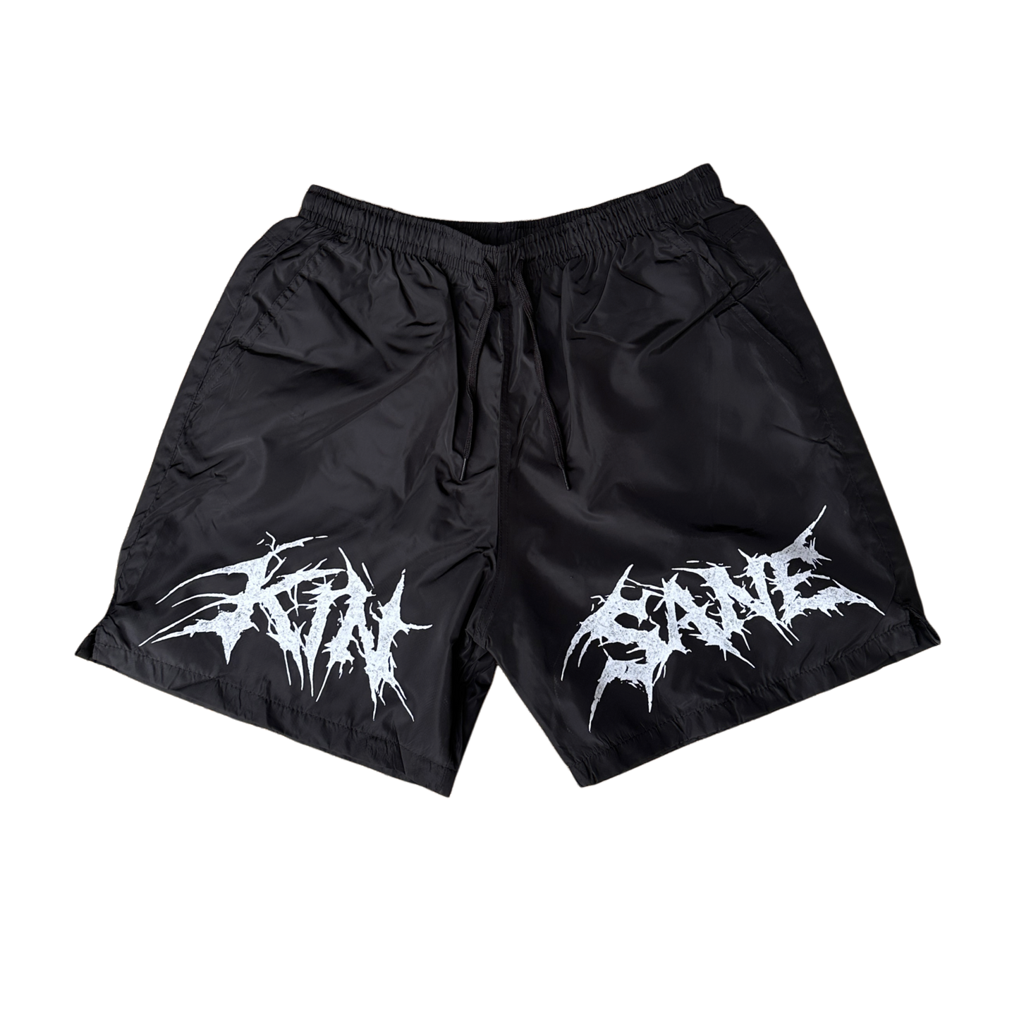 Black shorts with black drawstrings and white lettering reading “KINSANE” 