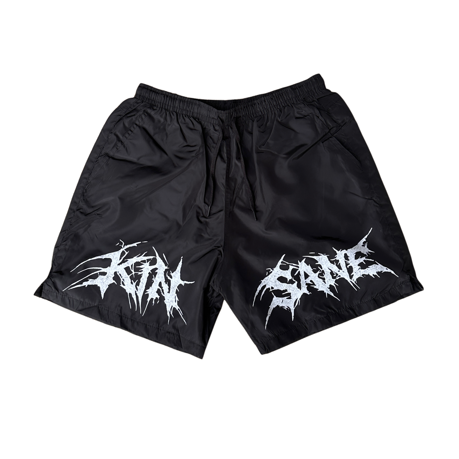 Black shorts with black drawstrings and white lettering reading “KINSANE” 