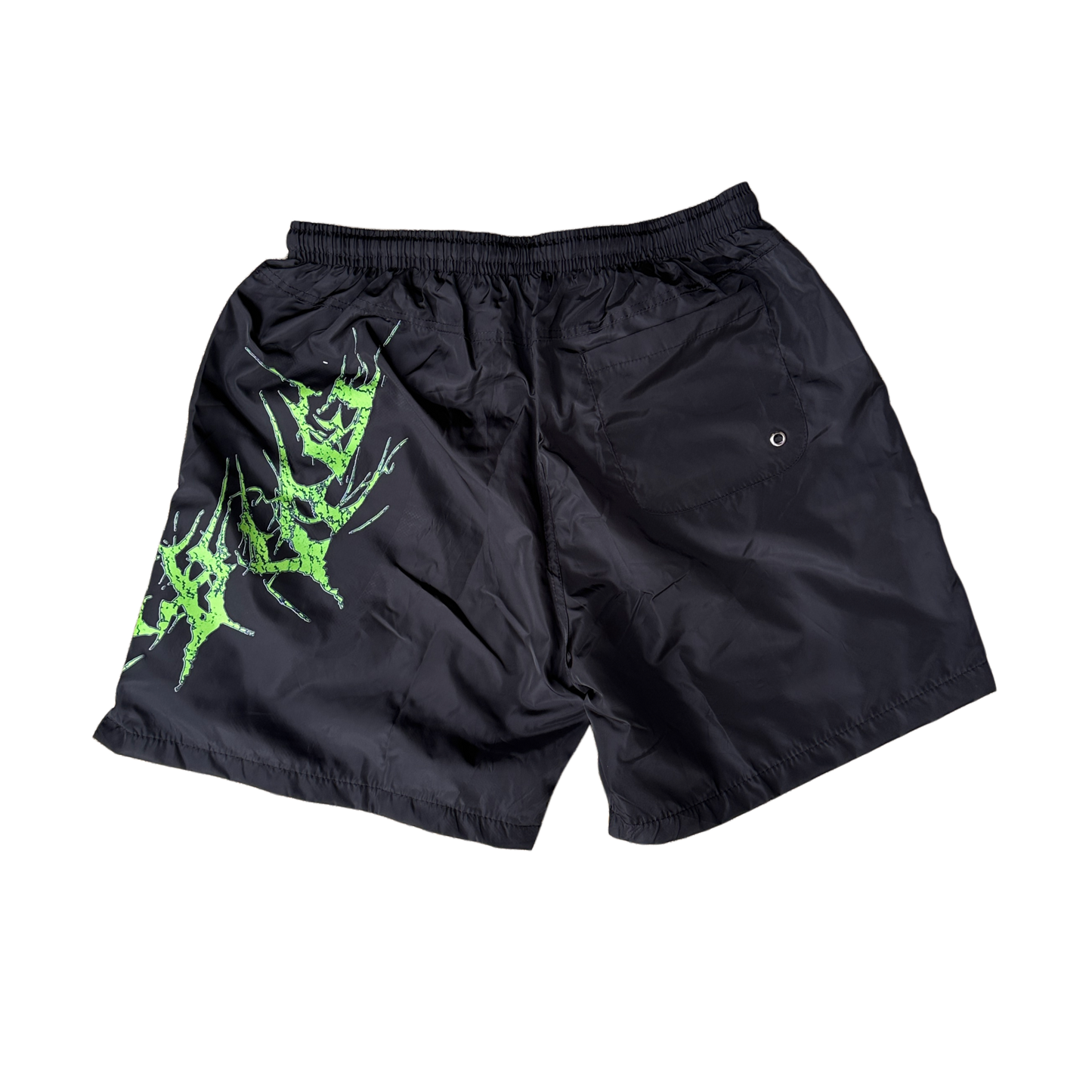 Back view of Black shorts with black drawstrings and neon green lettering on the left leg reading “KINSANE”