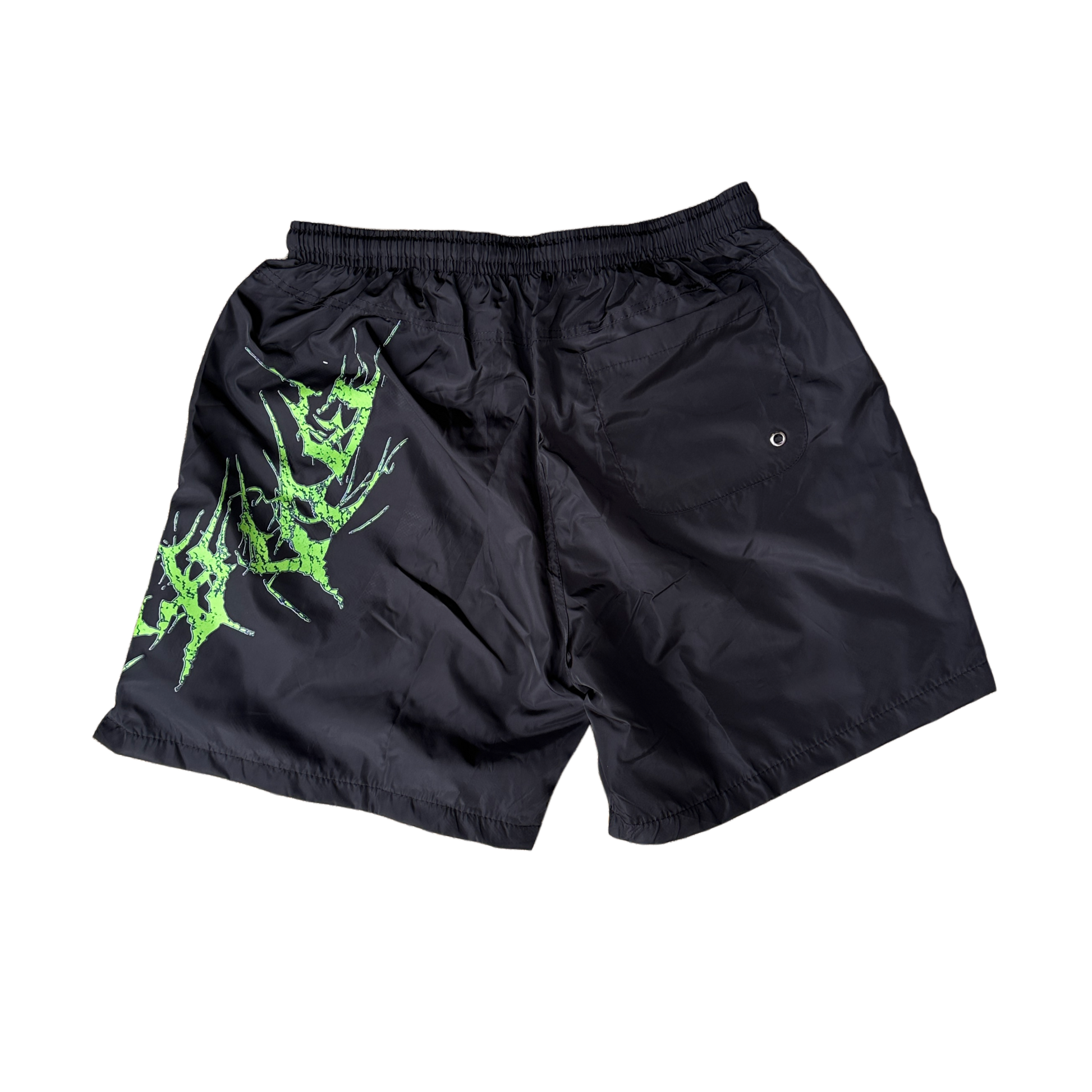 Back view of Black shorts with black drawstrings and neon green lettering on the left leg reading “KINSANE”