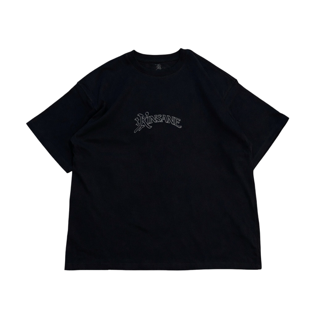 Black t shirt with white outlined text reading “KINSANE” 