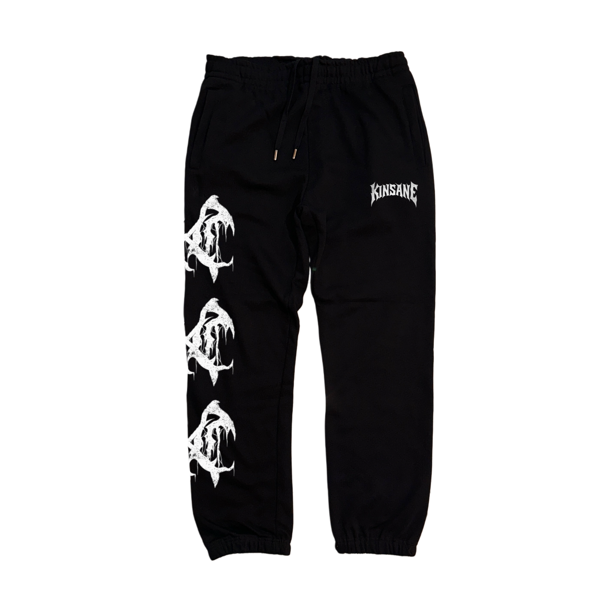 Black cuffed joggers with 3 white logos stacked on the left side leg and white lettering on the right reading “KINSANE” 