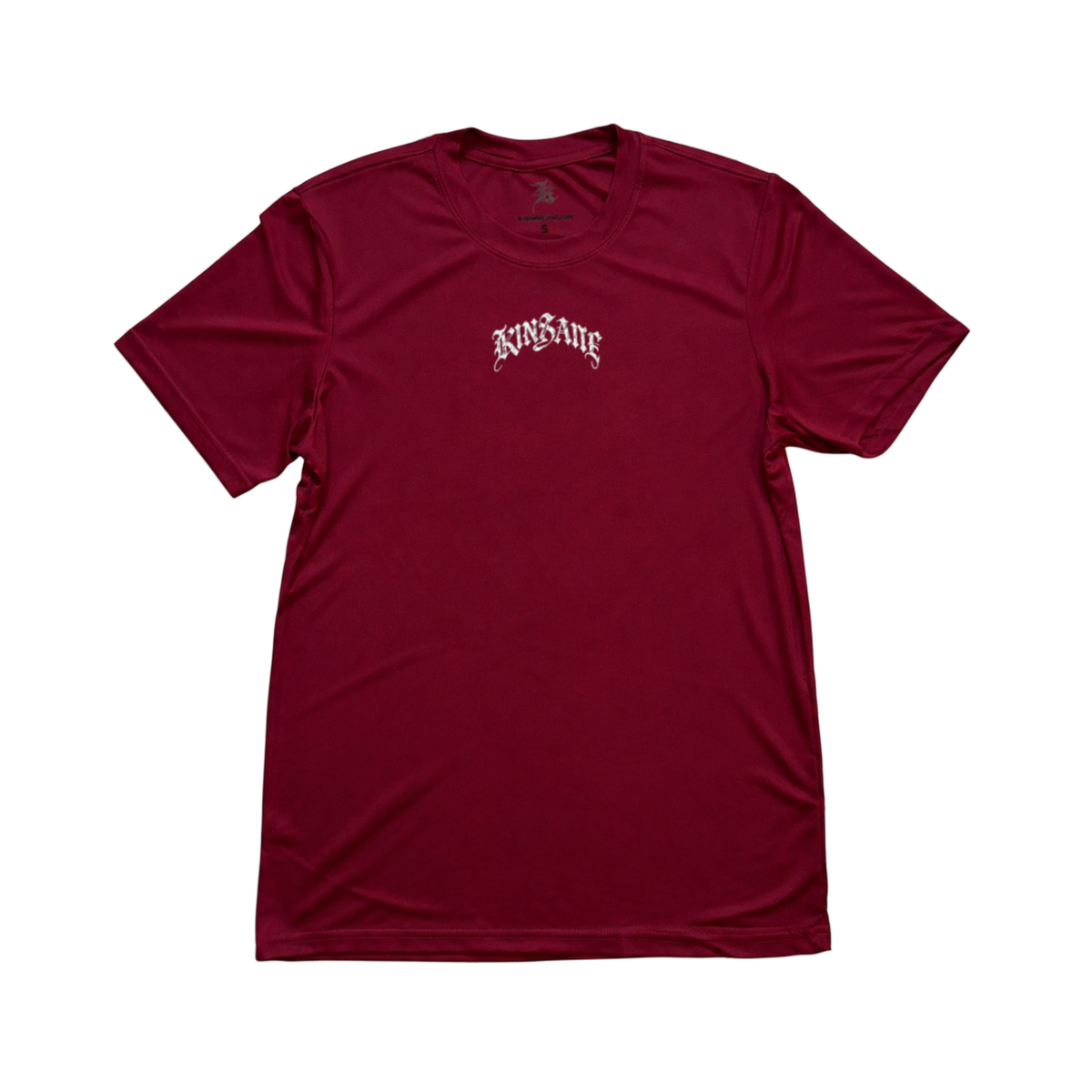 Maroon dry fit shirt with white text reading “KINSANE” 