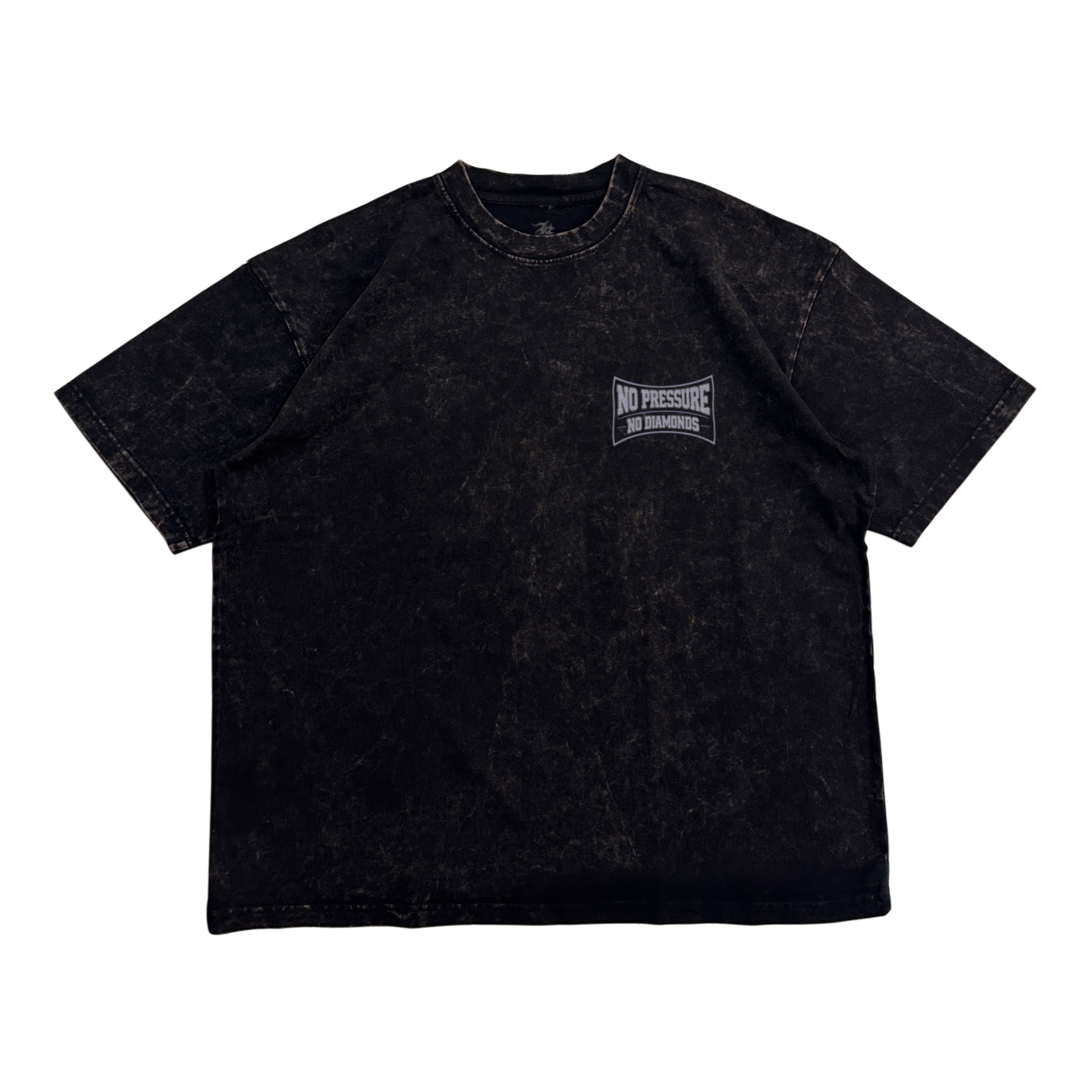 Acid washed t shirt with gray logo and text reading “NO PRESSURE NO DIAMONDS” 