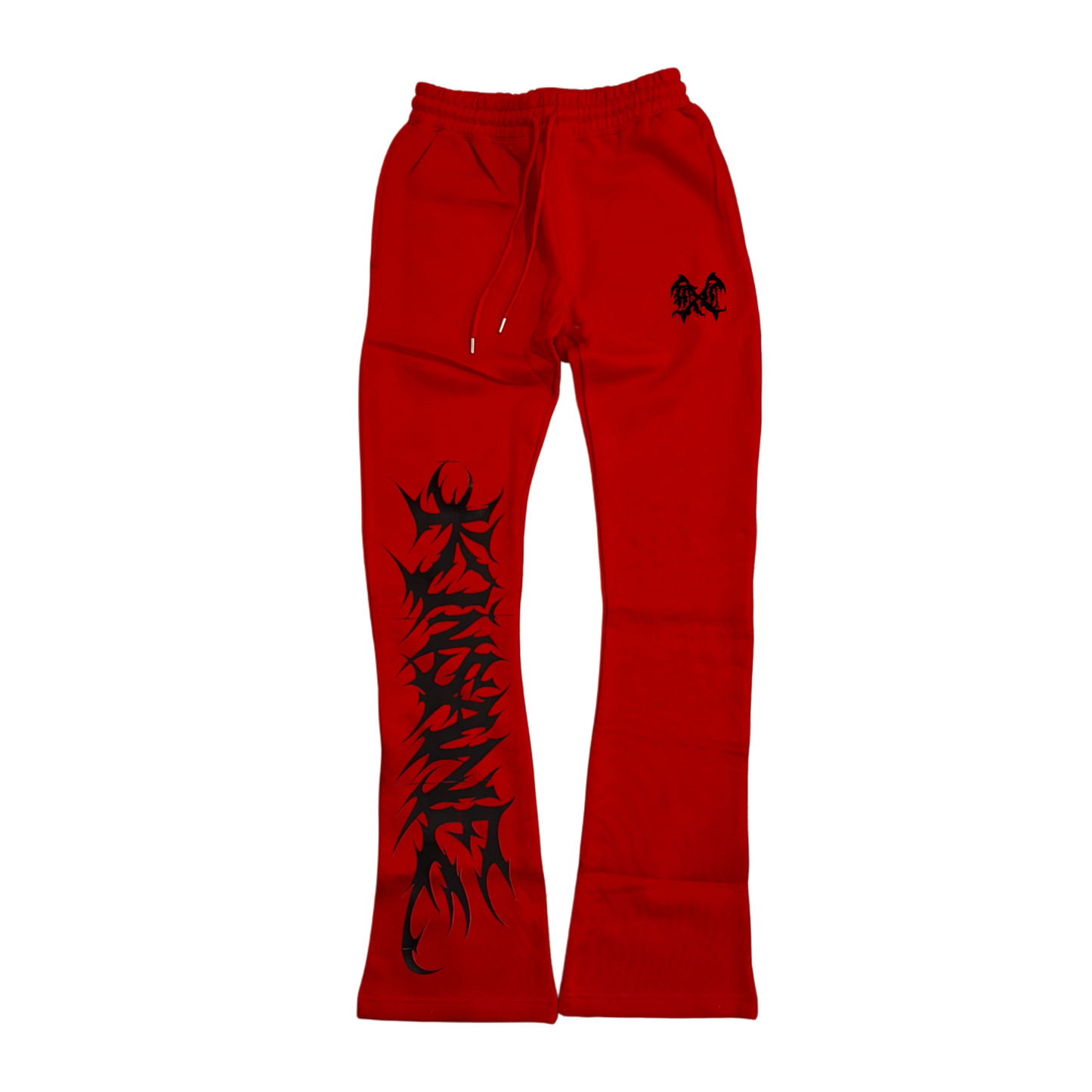 Red stacked sweatpants with black tribal lettering reading “KINSANE” on the left side leg and a black logo on the right side 