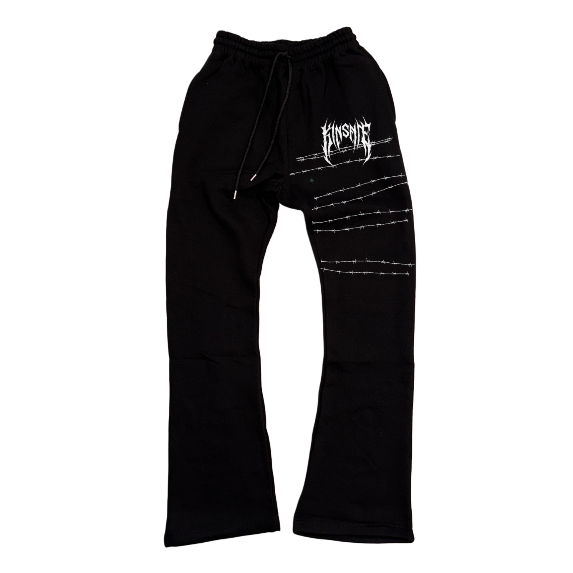 Black stacked sweatpants with white tribal lettering reading “KINSANE” on the right side with white barbed wire behind it 