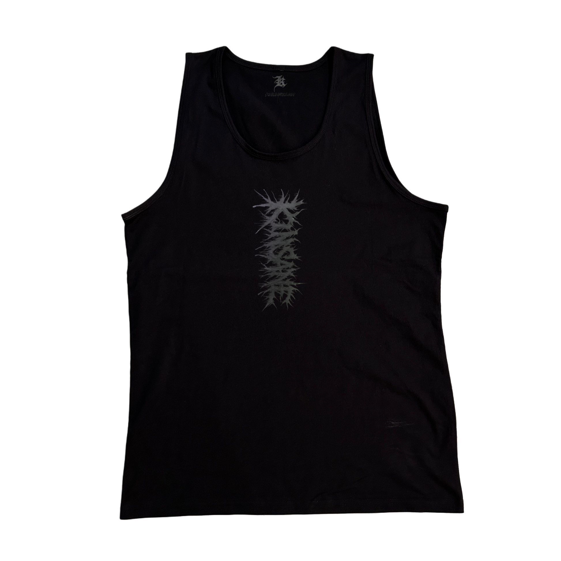 Black tank top with grey chaotic lettering reading “KINSANE” 