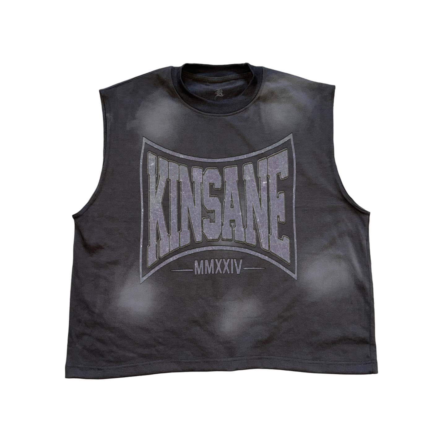 Gray acid washed sleeveless shirt with grayish logo and lettering reading “KINSANE MMXXIV” 