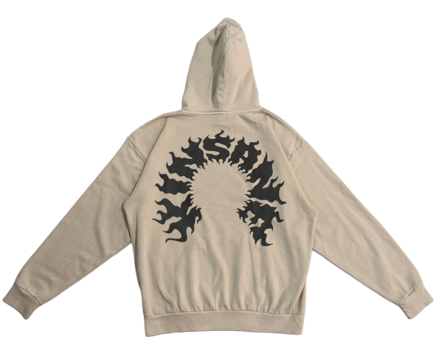Back view of a beige hoodie with black flame lettering reading “KINSANE” 