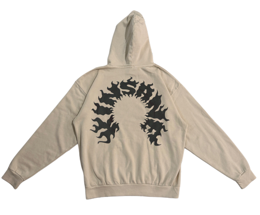 Back view of a beige hoodie with black flame lettering reading “KINSANE” 